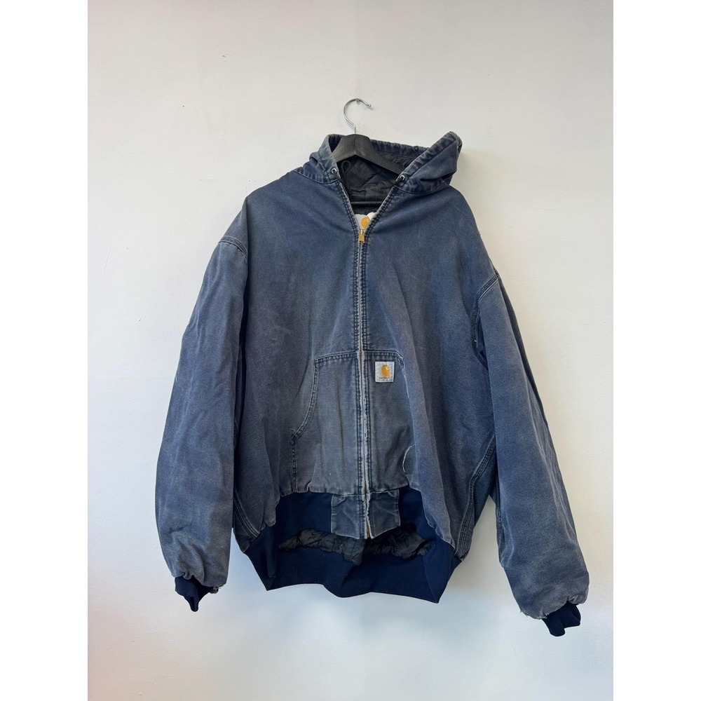 Carhartt Jacket Mens XXXL Blue Hooded Duck Canvas Quilted Coat Distressed JQ283‎